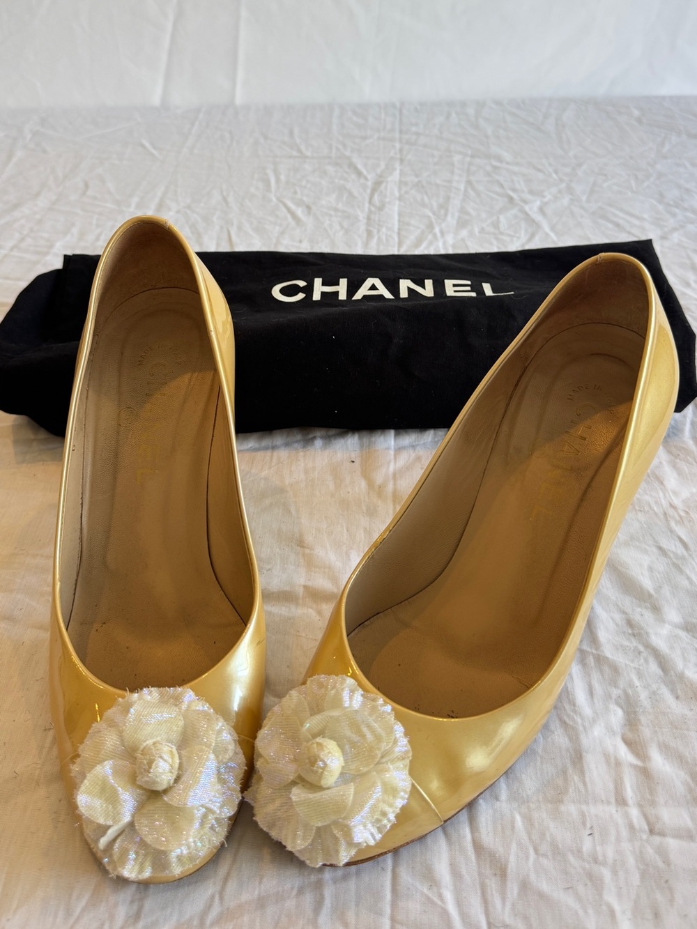 CHANEL Yellow Patent Camellia Iridescent Flower & CC Ballet Heels